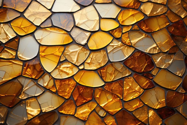 Detail of the adorned building of the abstract ceramic mosaic of the yellow gold, generative IA
