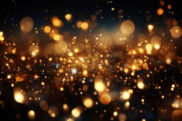 Texture, golden bright lights isolated in dark background Bokeh of abstract gold, generative IA